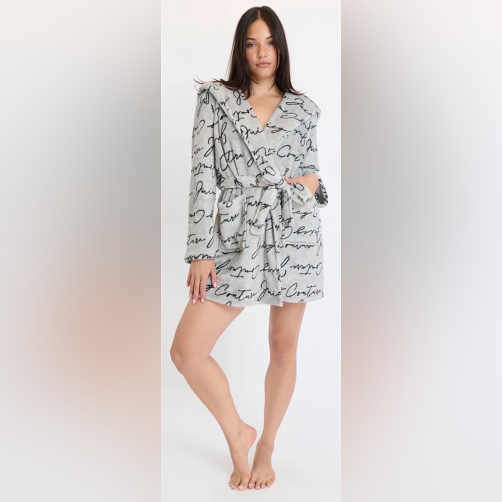 Juicy Couture Hooded Luxe Plush Robe L/XL Heather Gray Script Logo NWT Cozy